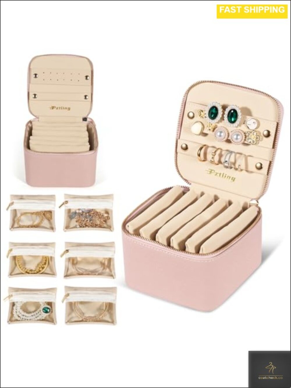 PU Leather Travel Jewelry Case Organizer with 6 Velvet Pouches & 2 Lid Slots